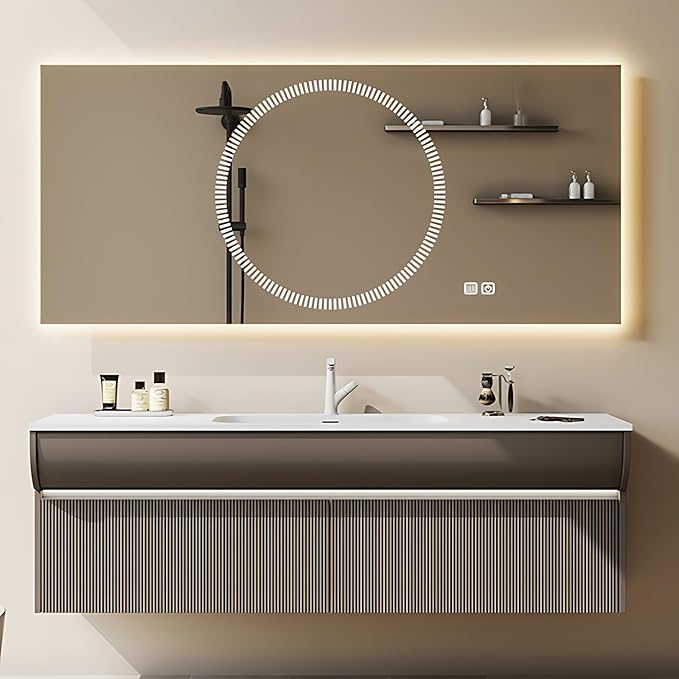 Solid Wood Bathroom Vanity Set - Wall Mounted Bathroom Cabinet with Light, Mirror with Light & Defog, Exquisite Accessories (Mirror Style, 72'')