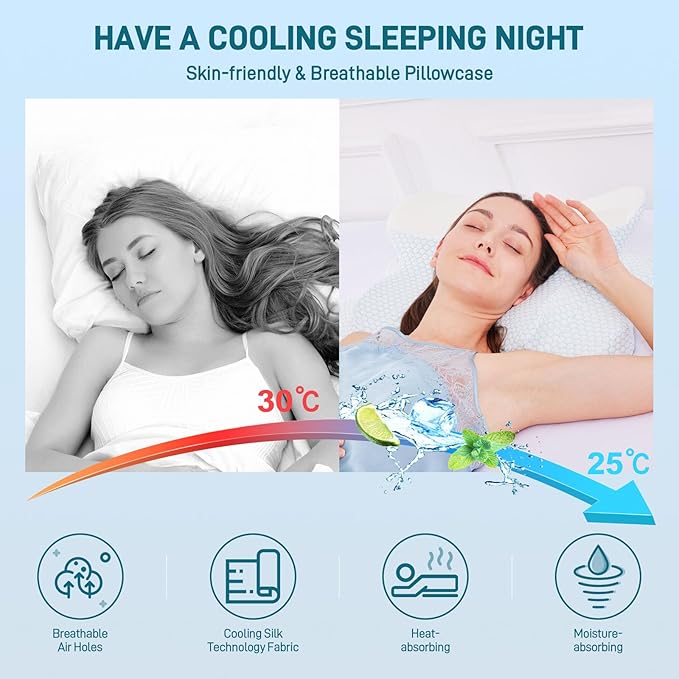 Cervical Neck Pillow for Sleeping, Dual Height Memory Foam Pillow for Neck Pain Relief, Ergonomic Contour Pillow for Side, Back & Stomach Sleepers – Cooling Washable Cover (Blue White)