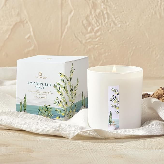 Thymes Scented Candles for a Fresh Home Fragrance - Matte White Candles - Notes of Moroccan Rosemary, Sage, Amalfi Lemon, Sea Salt Accord, Fresh Jasmine, & Sandalwood (Cyprus Sea Salt, 8 oz)