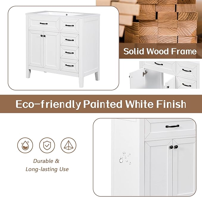 Favfurish 36" Bathroom Vanity with Sink Combo,Bathroom Vanity Cabinet with Two Soft-Closing Doors and Four Drawers,Free Stading Vanities w/Modern Design,for Bathroom,Easy Assembly,White