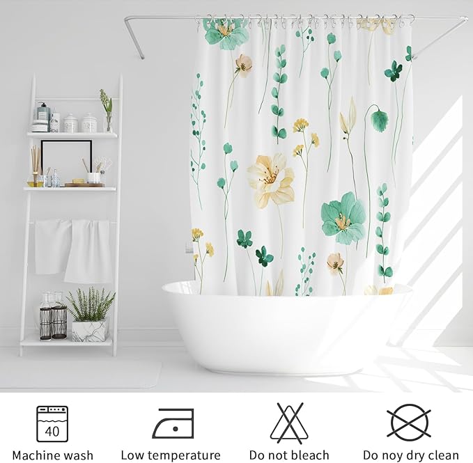 Gibelle Watercolor Floral Shower Curtain, Mint Green Beige Flower Shower Curtain for Bathroom, Modern Minimalist Waterproof Fabric Shower Curtain Set with Hooks 72x72 Inch