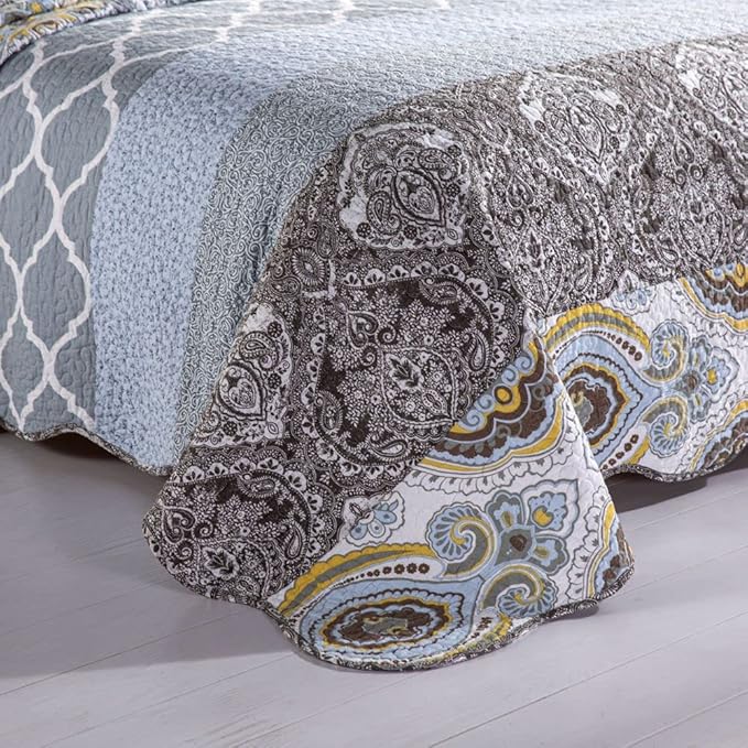 YAYIDAY Quilts King Size Patchwork Bedspread Set - 100% Cotton Reversible Breathable Grey Quilted Quilt with Pillow Shams Fit All Seasons