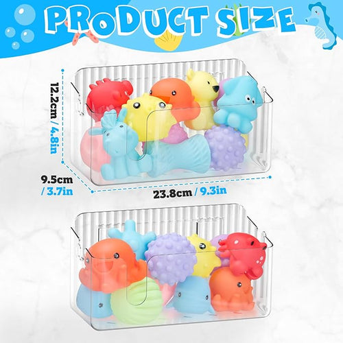 2-Pack Clear Bath Toy Storage Holder Organizer, Large Capacity Durable Plastic Bathtub Shower Caddy with Drain Holes, Quick-Dry Drainable Easy Install (Clear White 2-Pack)