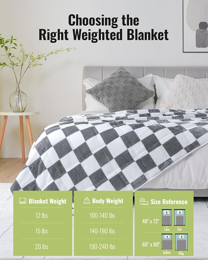 Uttermara Weighted Blanket Queen Size(15lbs, 60" x 80", Plaid Grey), Double Side Premium Soft Flannel Fleece Weighted Throw Blanket, Reversible Checkerboard Print Heavy Blanket for Adults Couch Bed