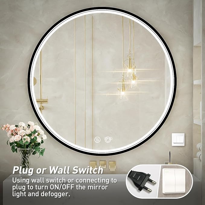 36" Round LED Bathroom Mirror, Dimmable Anti-Fog Vanity Mirror with Touch Control, 6000K Natural Light, Black Metal Frame, Wall Mounted for Makeup Shaving (IP54, 90+ CRI)