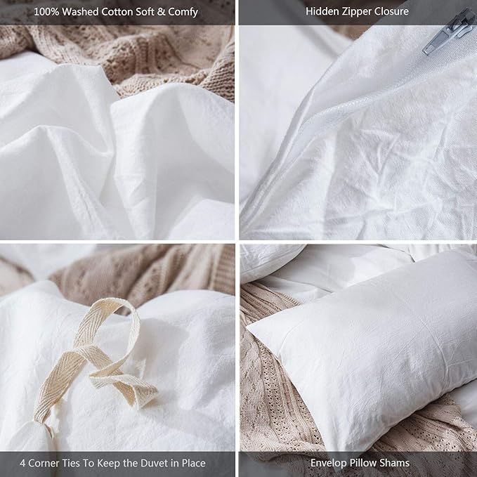MooMee Bedding Duvet Cover Set 100% Washed Cotton Linen Like Textured Breathable Durable Soft Comfy (Solid Off White, Queen 90"x90")