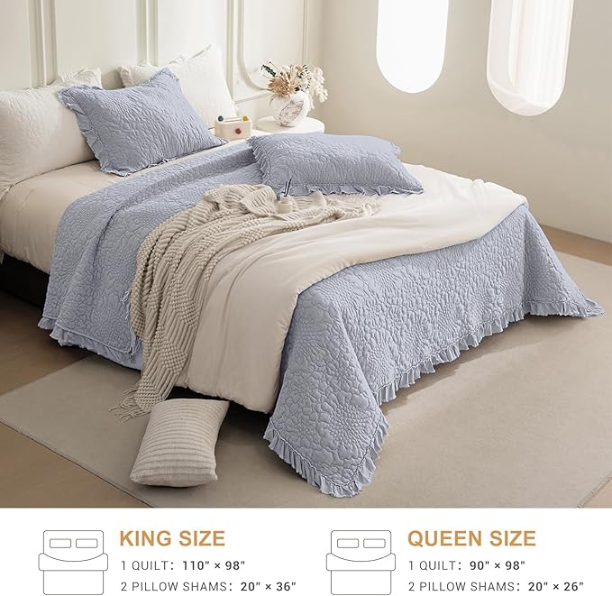 QSH 3PCs Cornflower Blue Ruffled Quilt Queen Size (90"x98"), Stonewashed Cotton Quilt Set, Soft Lightweight Crinkled Bedspread Coverlet Queen Shabby Farmhouse Chic Bedspreads Bed Set with Pillow Sham