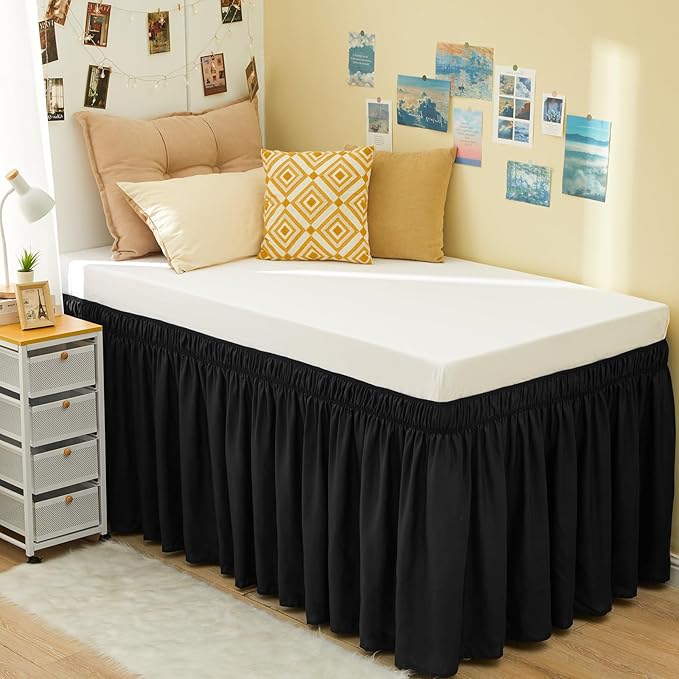 RIMELA Dorm Bed Skirt Twin XL 36 Inch Drop, Easy to Install Extra Long Wrap Around Elastic Dust Ruffle, Black Bedskirt Solid Silky Fabric Machine Washable (Twin XL 80“L x 39”W & Twin 75“L x 39”W)