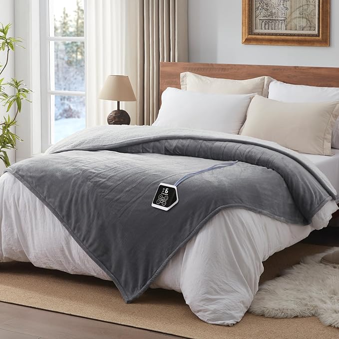 Westinghouse Heated Blanket Full Size, Soft Flannel to Sherpa Electric Blanket with 10 Heating Levels, 12 Hours Auto Off, Fast Heating Warming Blanket, Machine Washable, 72x84 Inch, Light Grey