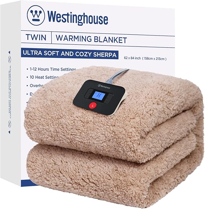 Westinghouse Electric Blanket Twin Size, Soft Plush Sherpa Heated Blanket with 10 Heating Levels & 1-12 Hours Auto-Off, Machine Washable, 62x84 inches, Camel