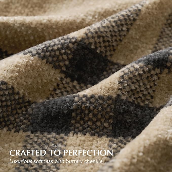 EVERGRACE Plaid Chenille Throw Blanket for Couch, Super Soft Cozy Decorative Farmhouse Plaid Throw with Tassels, Lightweight Chenille Knit Throw for Bed Sofa Gift Home Decor, Khaki Grey 50”x60”