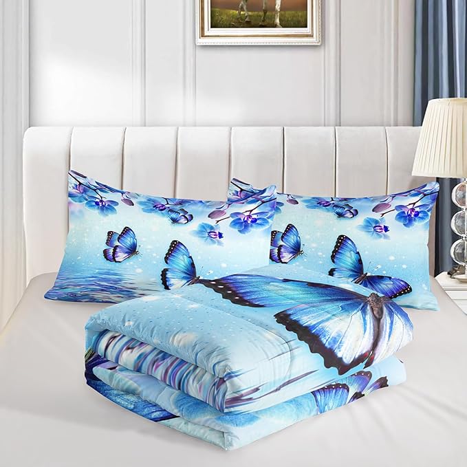 Fantasy Blue Themed Aesthetic Bedding Queen Comforter Set,Butterflies on Water with Falling Flowers Comforter Sets for Kids Girls Boys,Pretty Butterfly Pattern Bedding Sets with 2 Pillowcases.