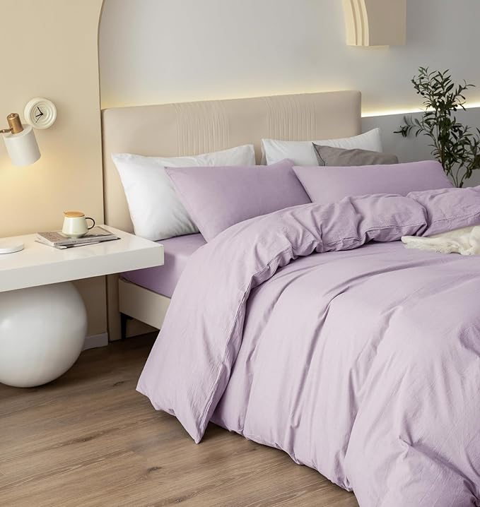 JIYUAN 100% Washed Cotton Duvet Cover Set 3 Pieces Queen, 1 Duvet Cover 90x90 Inches(Comforter Not Included) and 2 Pillowcases,Linen Like Comfy and Breathable,Heathered Light Purple
