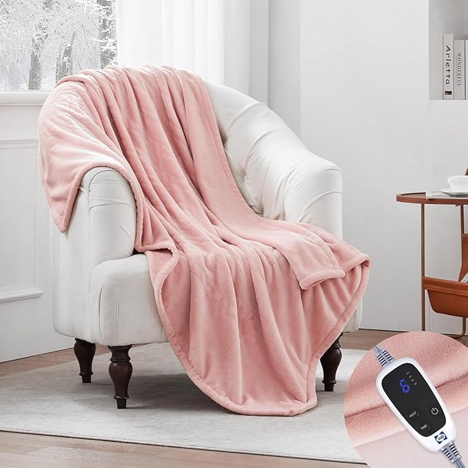 SEALY Electric Blanket Heated Throw, Soft Flannel Heating Blanket with 6 Heat Settings & 2-10 Hours Auto Shut Off, Fast Heating & Machine Washable, 50x60 Inch, Pink