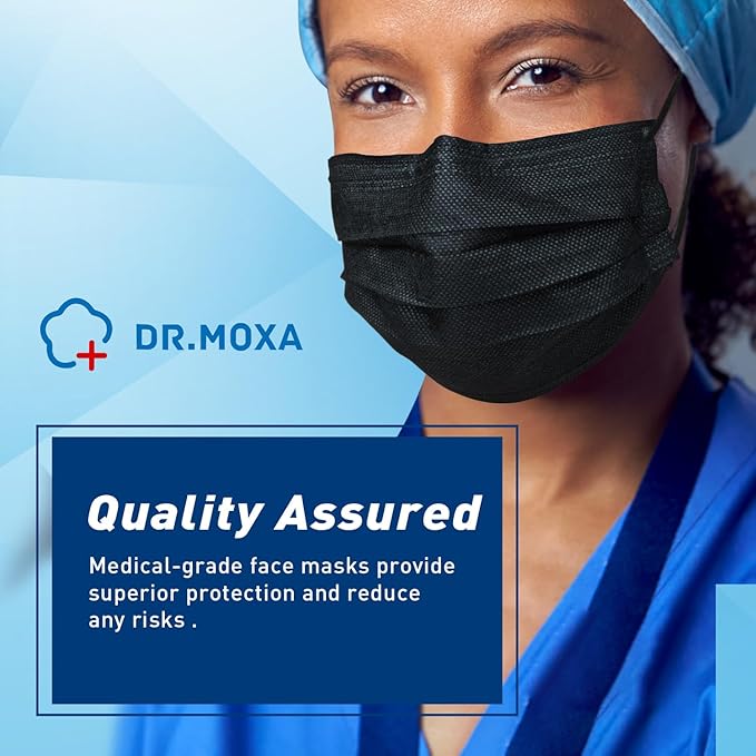 DR.MOXA 1000Pcs Black Disposable Medical Face Mask (10 Boxes, 100pcs/Box) 3-Ply Protection Face Mask for Adults