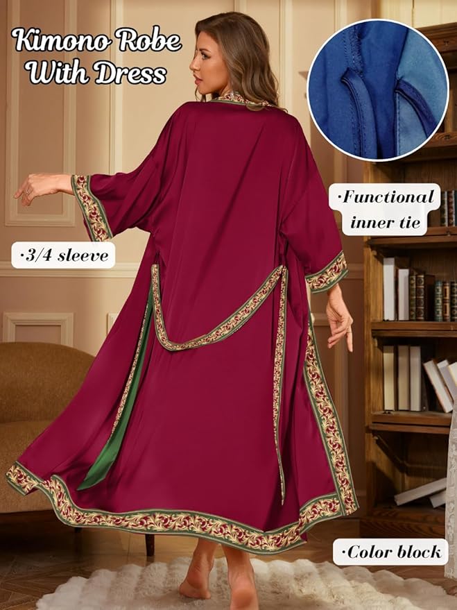 Satin Robe Sets For Women, 2-PC Lightweight Bathrobe, Silk Sleepwear Kimono Bridesmaid Sexy Robes