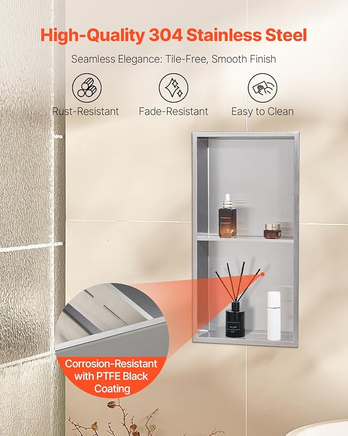 VEVOR Shower Niche, 13 x 25 x 4 inch Recessed Wall Niche Double-layer, with Hollowed-out Divider,Heavy-duty Stainless Steel Modern Shampoo Storage Organizer,Waterproof, Silver for Bathroom