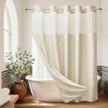 No Hook Cream Shower Curtain and Liner, Linen-Look Polyester Textured Shower Curtain with Snap in Liner, Waterproof & Washable Bath Curtains for Bathroom, 71Wx74H