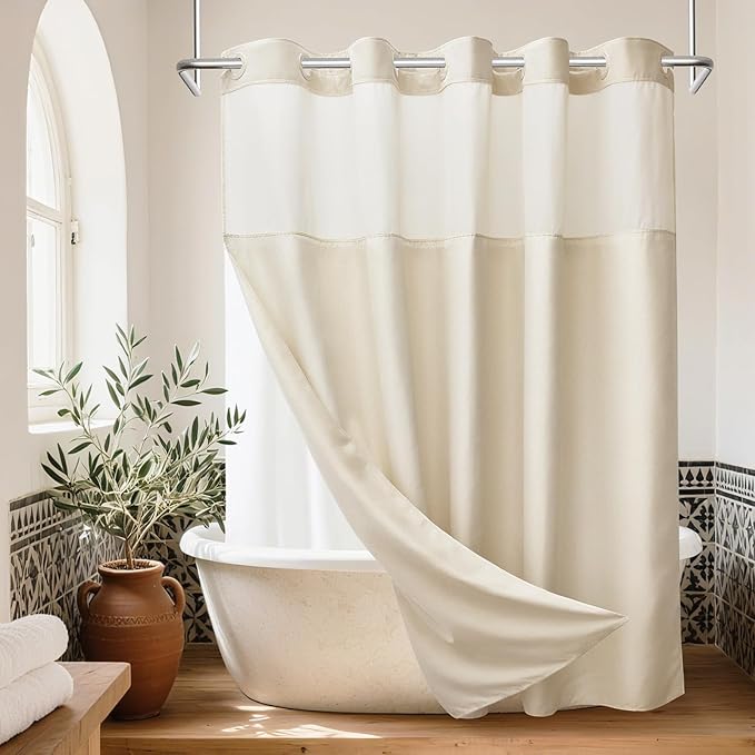 No Hook Cream Shower Curtain and Liner, Linen-Look Polyester Textured Shower Curtain with Snap in Liner, Waterproof & Washable Bath Curtains for Bathroom, 71Wx74H