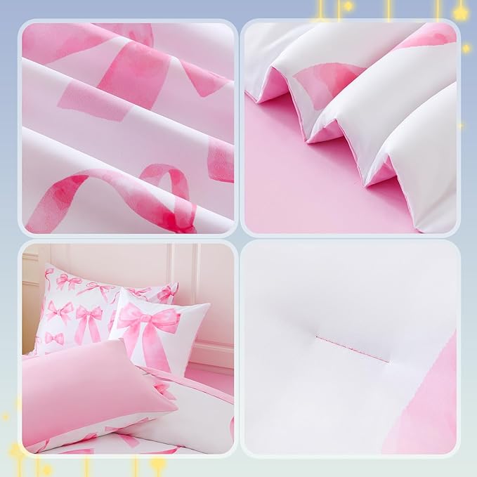 Twin Size Comforter Sets Pink Bed in a Bag for Girls, Bow Comforter Set,6 Pieces Bow Bedding Sets with Sheets for Kids