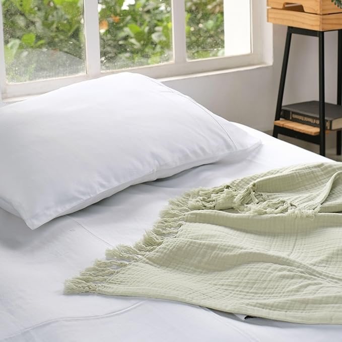 Salt Earth 100% Cotton Muslin Throw Blanket, Gauze Blanket 50"X60" Throw with Tassel 4 Layered for Couch, Bed, Living Room, Home, Lightweight & All Season Blankets & Throws, Skin Friendly (Sea Foam)