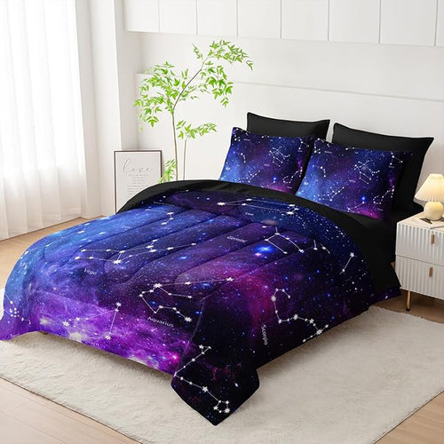 7pc Space Comforter Set - Galaxy Bedding, Starry Night Bed in a Bag, Includes Sheets, Soft Microfiber, All Season, Queen Size