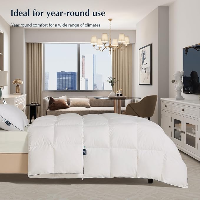 Pacific Coast Goose Feather Down Comforters Queen Size, 100% Cotton Extra Fluffy White Duvet Insert, Soft, Breathable, All Season Hotel Luxury Bedding Comforters, 8 Corner & Center Loops (90"x90")