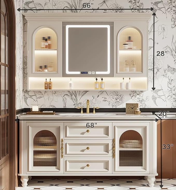 Freestanding Bathroom Vanity with Sink, Solid Wood Bathroom Vanity Set, Vintage Bathroom Vanities with Large Capacity Storage Cabinet and Open Shelf, Elegant Vanities (White,68")