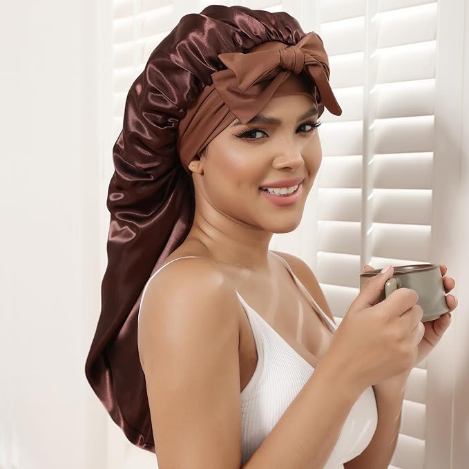AWAYTR Long Satin Bonnet for Women - Double Layer Elastic Silk Bonnet for Braids Hair Sleeping Cap with Tie Band (Brown)