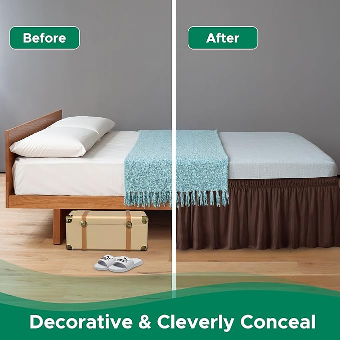 Biscaynebay Wrap Around Bed Skirts for King & Cal King Beds 15" Drop, Brown Adjustable Elastic Dust Ruffles Easy Fit Wrinkle & Fade Resistant Silky Luxurious Fabric Machine Washable