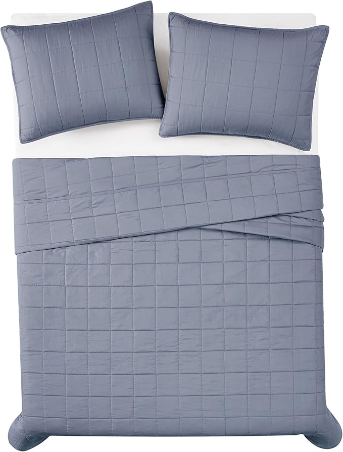 LONDON FOG Garment Washed Solid Quilt Set Blue Microfiber 3-Piece King Quilt Set, Solid Themed, Adult and Teen, Oeko-TEX Certified