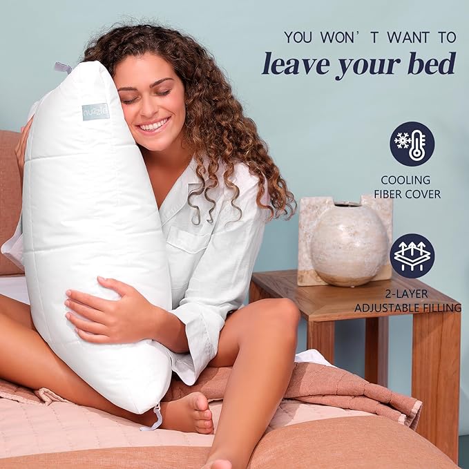 Nuzzle Cooling Adjustable Pillows for Side Sleepers, Luxury King Size Set of 4 Bed Pillows Hotel Collection - Best Adjust Height Soft Firm Pillows for Back, Stomach and Side Sleepers