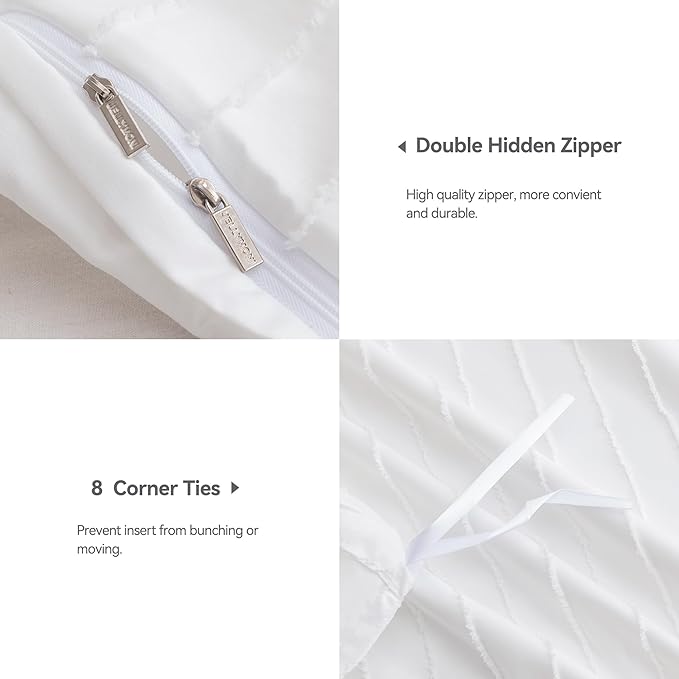 JELLYMONI Duvet Cover Queen Size Bright White - 3PCS Boho Striped Duvet Cover Set Polyester Tufted Bohemian Textured Comforter Cover 90×90in with Corner Ties & Zipper and 2 Pillowcases