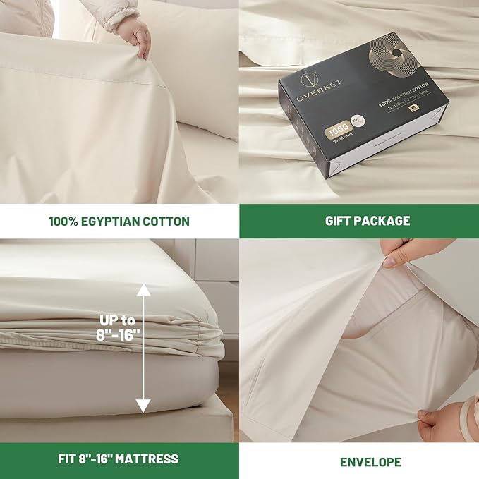 100% Egyptian Cotton Sheets Cal King Sheet Set 1000 Thread Count Sateen Weave Soft Breathable 16-Inch Deep Pocket 4PCS（California King,Linen）
