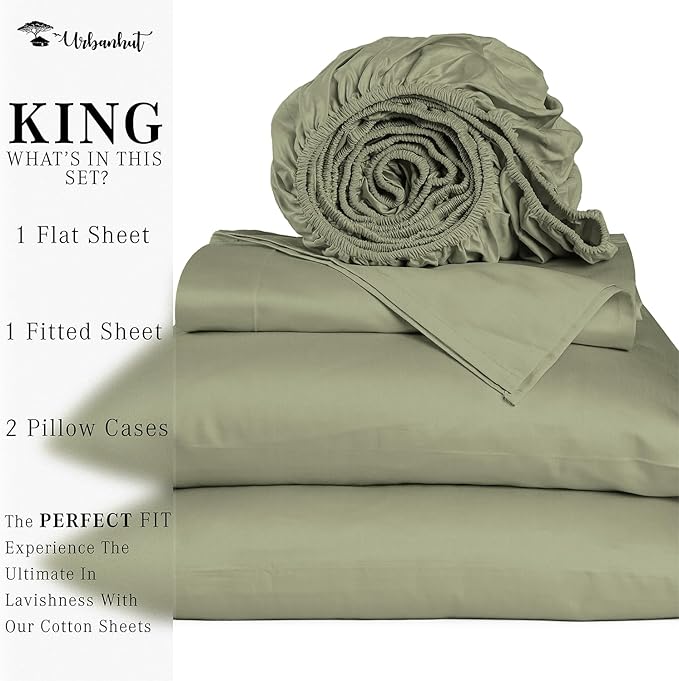 URBANHUT 1000 Thread Count King Size Egyptian Cotton Sheets, Long Staple Soft & Breathable, 4 Pc Bed Sheet Sets for King Size Bed, Luxury Hotel Sateen Sheets Fits 16" Deep Pocket - Sage