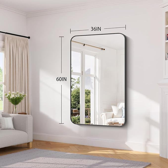 Koonmi Black Framed Bathroom Mirror - 36x60 Inch Shatterproof Tempered Glass Vanity Mirror for Bathroom Sink, Wall Mounted with Matte Aluminum Alloy Frame, No Distortion, Modern Decor