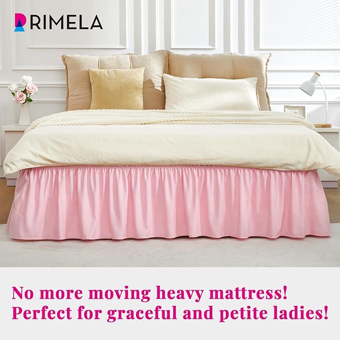 RIMELA Bed Skirt Full Size 15 Inch Drop, Elastic Bed Skirting for Adjustable Bed Base and Frame, Bedding Dust Ruffle Easy to Install, Hotel Quality Wrap Around Bedskirt (Pink)