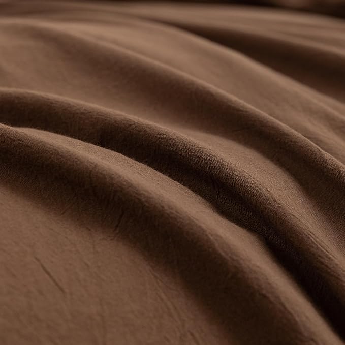 BESTOUCH Duvet Cover Set 100% Washed Cotton Linen Feel Super Soft Comfortable Chic Lightweight 3 PCs Home Bedding Set Solid Cocoa Brown Oversized King