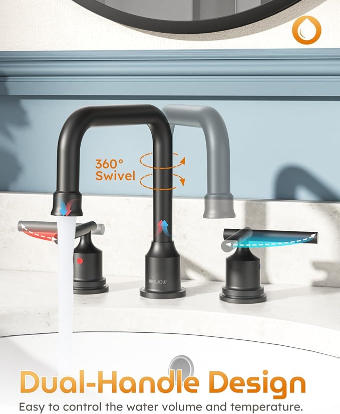 WOWOW Two Handles Widespread 8 inch Bathroom Faucet Black 3 Pieces Basin Faucets 360 Degree Swivel Spout Lavatory Sink Faucet