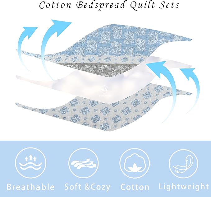 Quilt King Size, Cotton Bedding Set, Blue Striped King Size Comforter Set, Bohemian Bedspread with Shams for All Season, 3 Pieces