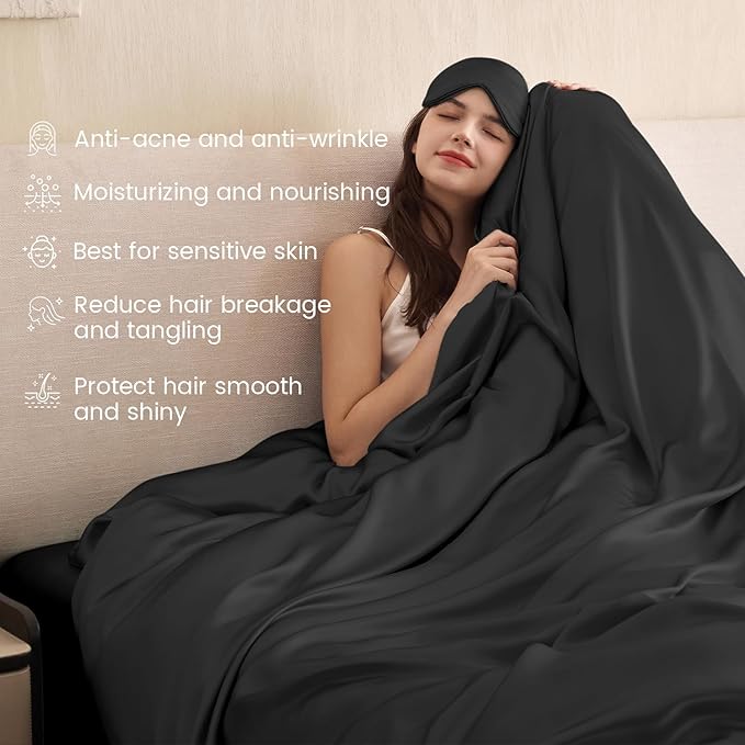 THXSILK 100% Pure Mulberry Silk Duvet Cover Set 3 Piece, 6A+ Grade Luxury Soft Bedding Silk Sheets for Hair and Skin, 1 Pcs Duvet/Quilt/Comforter Cover with 2 Zippered Pillowcases (Black, Cal. King)