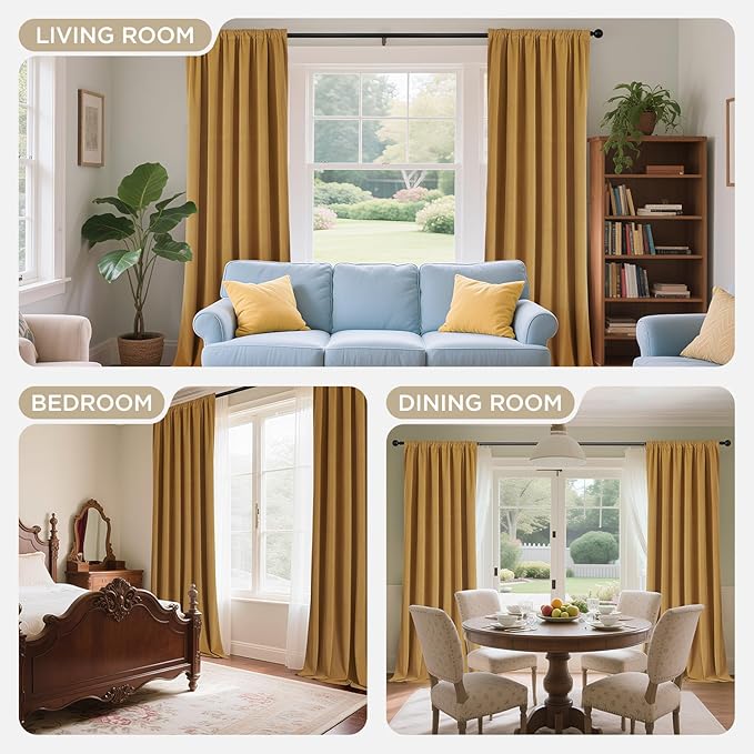 Joydeco Mustard Yellow 100% Blackout Curtains 72 Inch 2 Panels, Luxury Thermal Yellow Velvet Curtains for Bedroom Living Room, Soundproof Blackout Window Drapes, Grommet Top (52W x 72L)