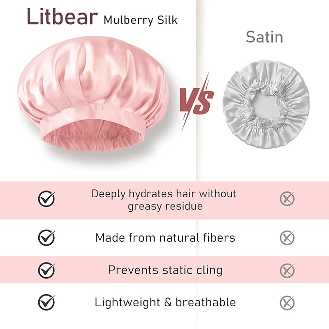 LitBear 100% Mulberry Silk Bonnet for Sleeping Women, 22 Momme Silk Hair Wrap with Elastic Band for Natural Curly Hair Long Short, Non-Slip Night Cap Reduce Friction Pink