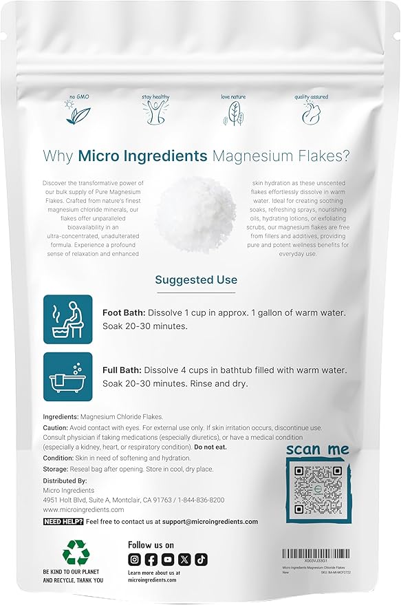 Micro Ingredients Magnesium Flakes, 6lbs | Great Alternative to Epsom Salt for Foot & Body Bath Soaks | High Absorption | Natural Magnesium Chloride Minerals | Relaxation & Skin Hydration Support