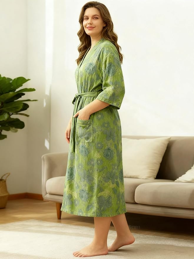 Women Cotton Double Gauze Jacquard Kimono Robe Bathrobe with Belt Pocket Comfortable Loungewear Yukata Sleepwear
