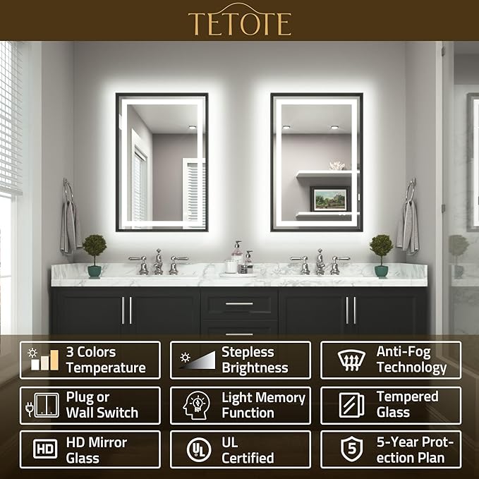 TETOTE 28 x 36 Bathroom LED Mirror Brushed Black Metal Frame Frontlit & Backlit Anti-Fog Stepless Dimmable 3 Colors White/Warm/Natural Mirror with Lights Wall-Mounted