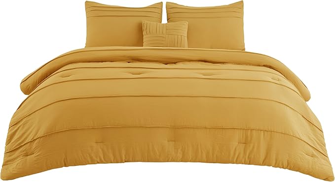 Bedsure Queen Comforter Set - 4 Pieces Pinch Pleat Bed Set, Mustard Yellow Boho Bedding for All Season, 1 Soft Comforter, 2 Pillowcases, 1 Decorative Pillow