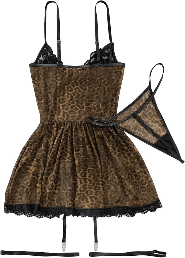 Lilosy Sexy Garter Belt Mesh Lace Babydoll Lingerie Dress Set with Thong