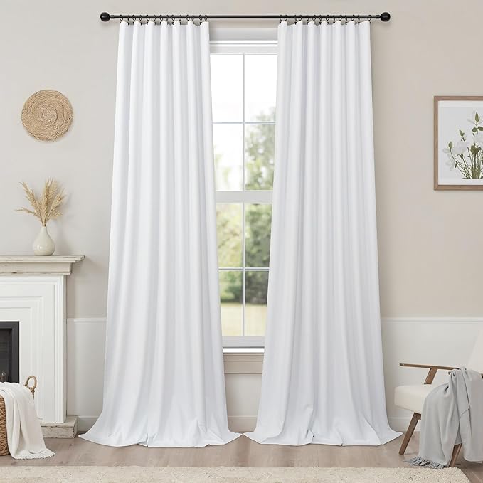 White Linen Complete Blackout Curtains 48 Inch Length for Kids Room 2 Panels Light Blocking Thermal Insulated Cold Reducing Noise Reduction Window Draperies for Bedroom Short Drapes 52 x 48 Long