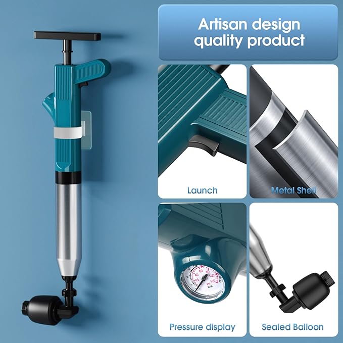 TheElves Toilet Plunger Heavy Duty Pro, Electric High Pressure Toilet Clog Remover Tool, Powerful Bathroom Plunger with Holder for Drain Cleaning - Blue